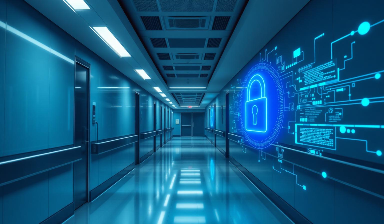 Cyberbezpieczeństwo w placówce medycznej — symboliczna kłódka i strumień danych w szpitalnym korytarzu