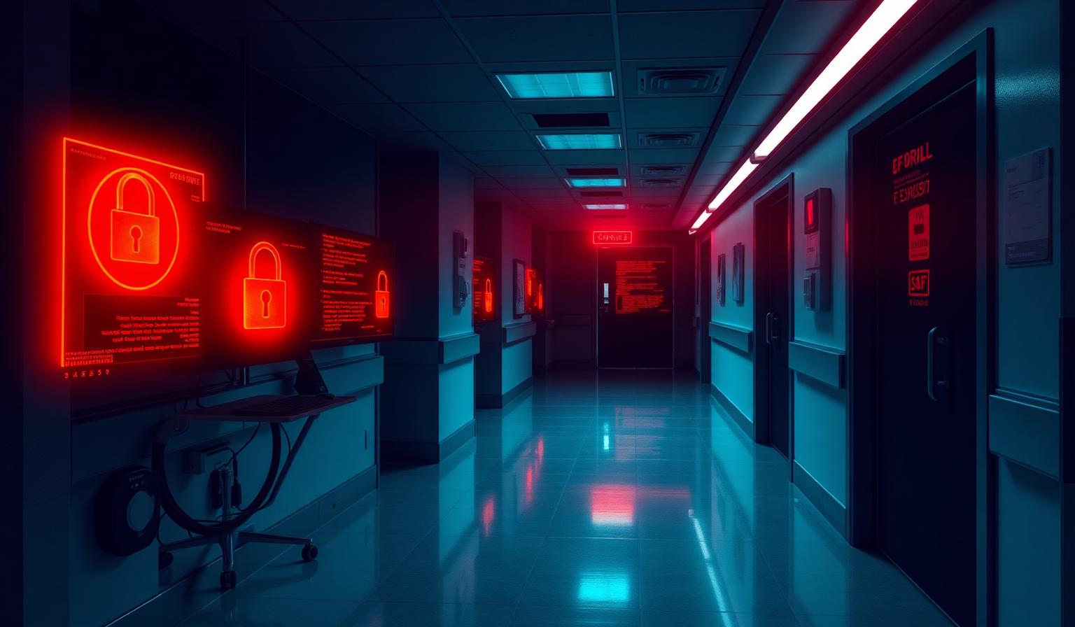Atak ransomware na szpital — zablokowane ekrany z ikonami kłódek w ciemnym korytarzu placówki medycznej